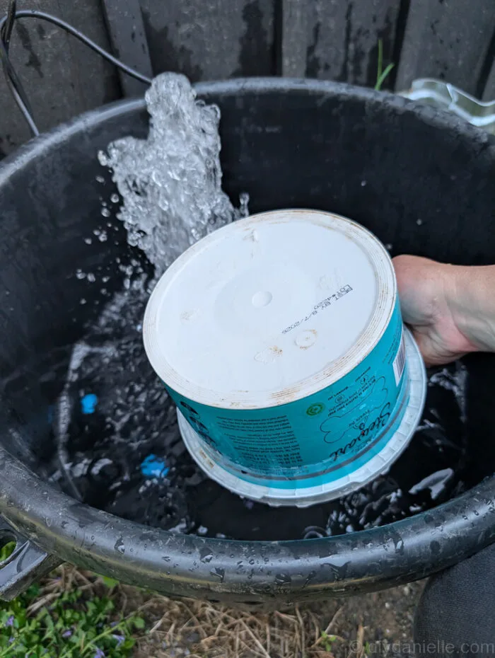 Old container being flipped upside down in the mini pond to help hold rocks and other items for decoration. The pond filter is in the background creating a fountain.