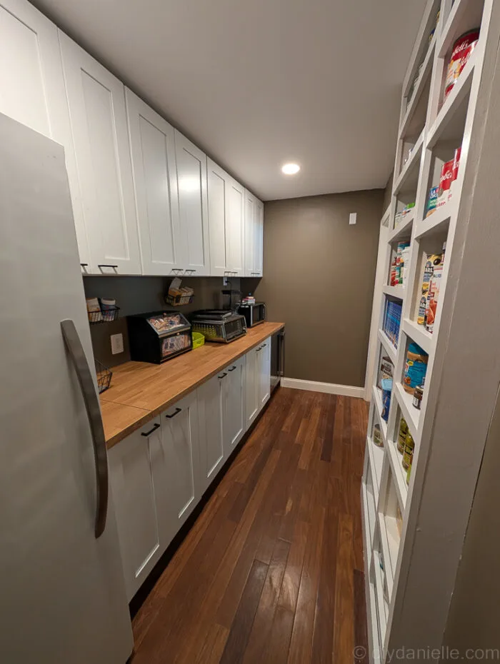 Opposite-angle view of the shelves, showcasing the full setup with trim and shelves installed.