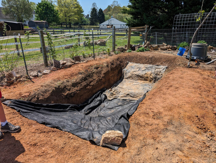 Laying underlayment in the pond to protect the liner, using budget-friendly materials for durability