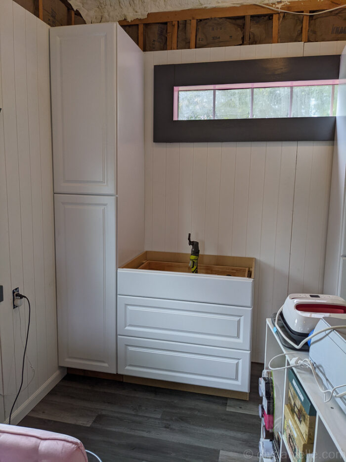 Regular base cabinets installed with attached bases