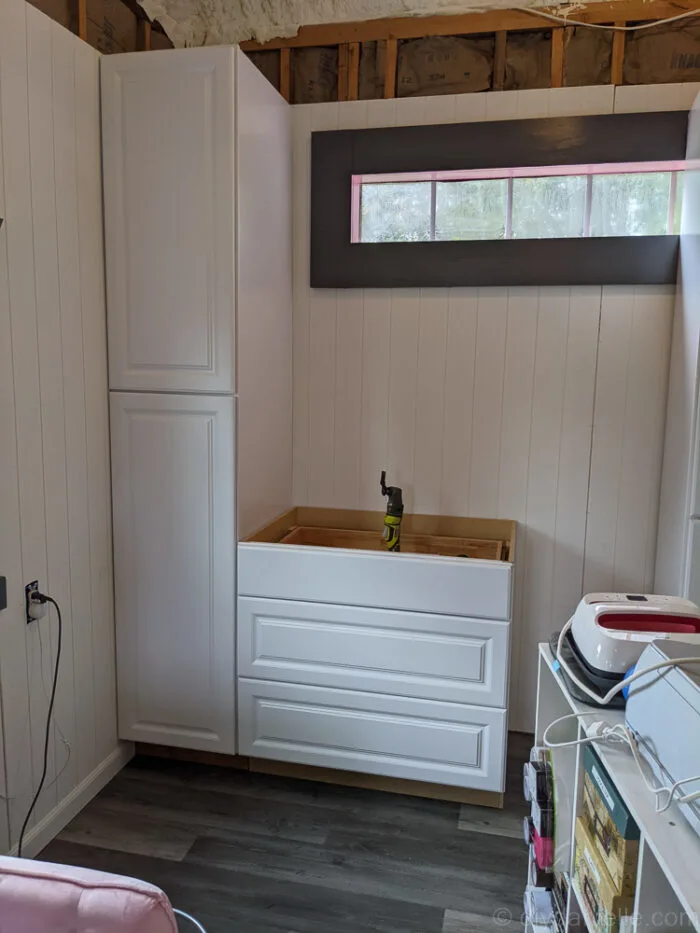 Regular base cabinets installed with attached bases