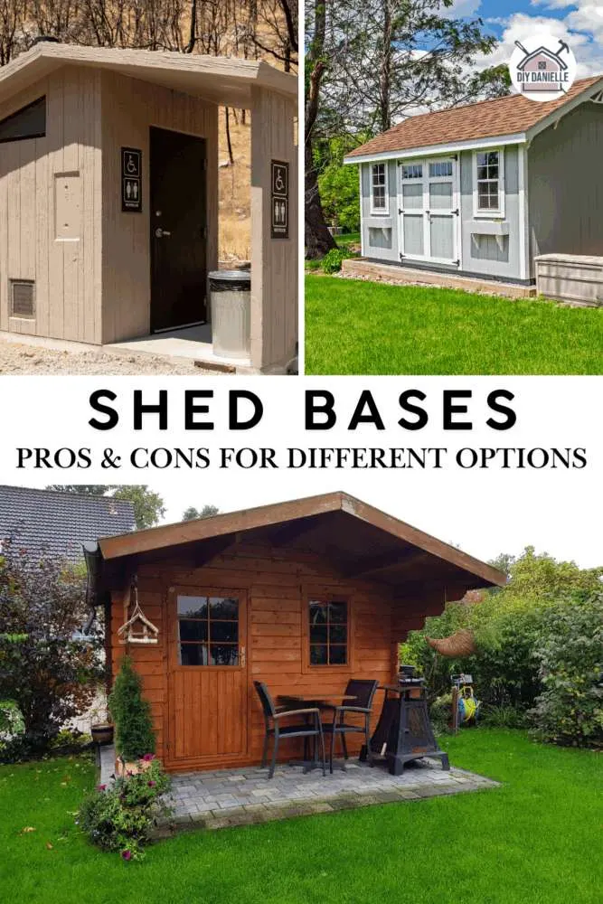 Comparison chart showing pros and cons of different shed base options including concrete slab, wood frame, gravel pad, pavers, and skids.