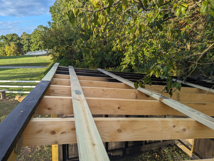 Wooden boards installed perpendicular across roof framing of a run-in shed.
