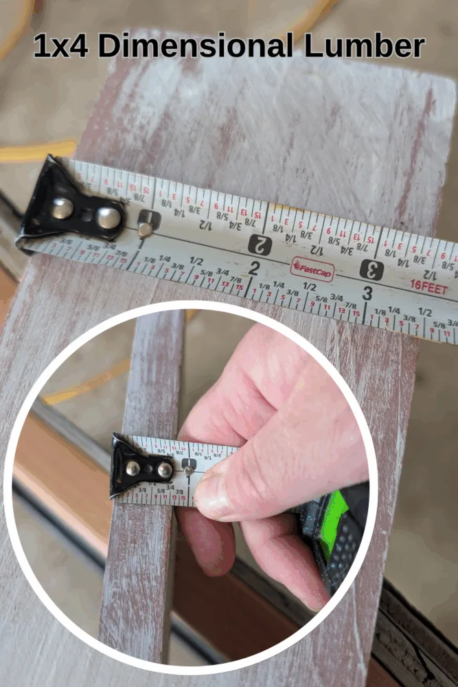 Close-up of a 1x4 board labeled with its actual size of 0.75x3.5 inches, ideal for crafts and small woodworking projects.