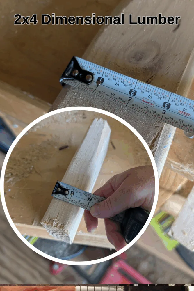 Labeled 2x4 board showing its actual size of 1.5 x 3.5 inches, with notes on common construction and DIY uses like framing and furniture.