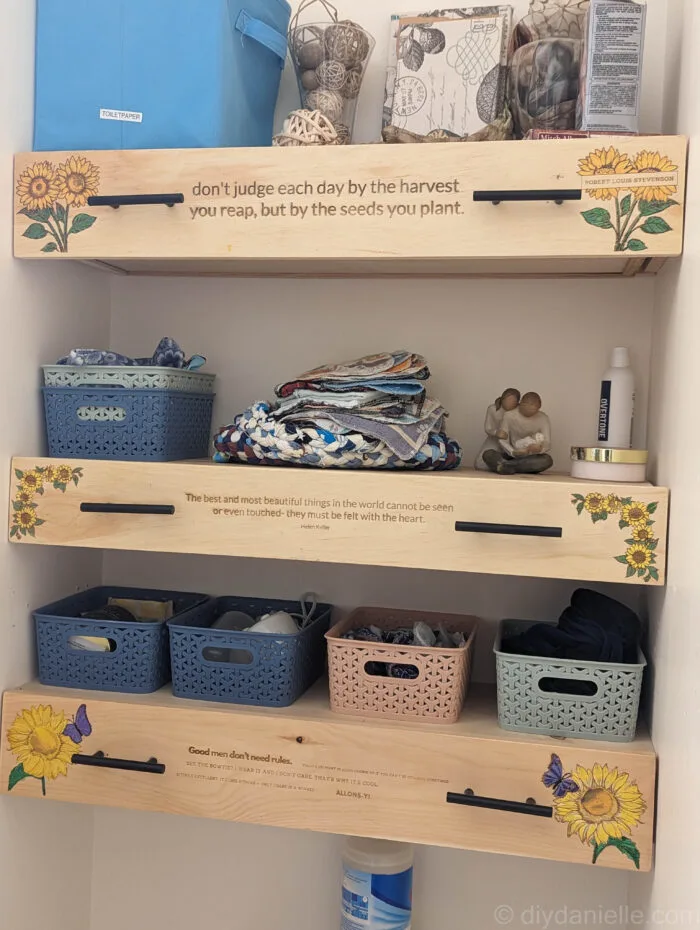 Finished wooden drawers with small baskets on open shelves, styled and ready for use.
