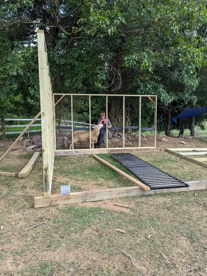 Family members working together to assemble a DIY run-in shed frame on a grassy slope.