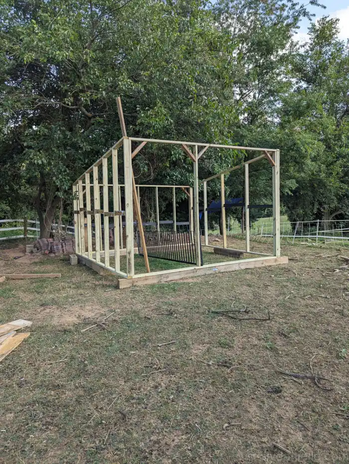 Fully assembled wooden frame of a run-in shed without a roof, standing on a grassy area.