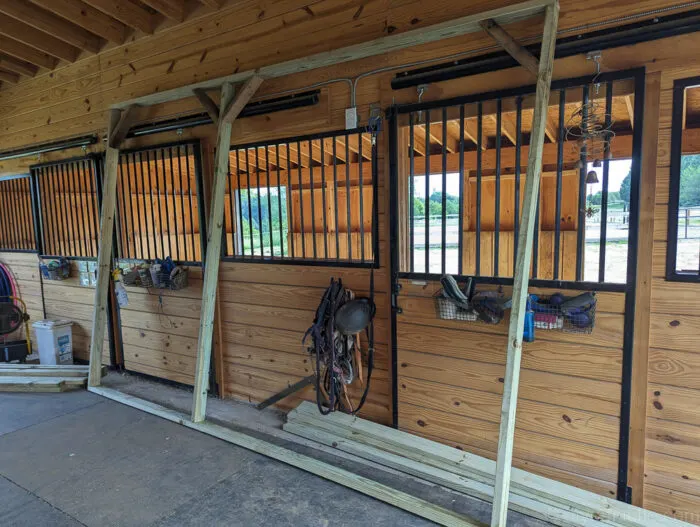 Back wall of a livestock run-in shed framed with pressure-treated 2x4s on a grassy area.