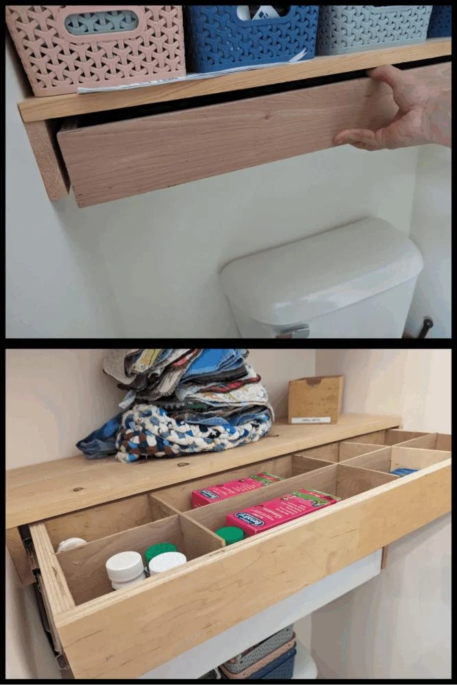Installing metal drawer slides on the side of a wooden DIY drawer box with wooden cleats inside a cabinet.