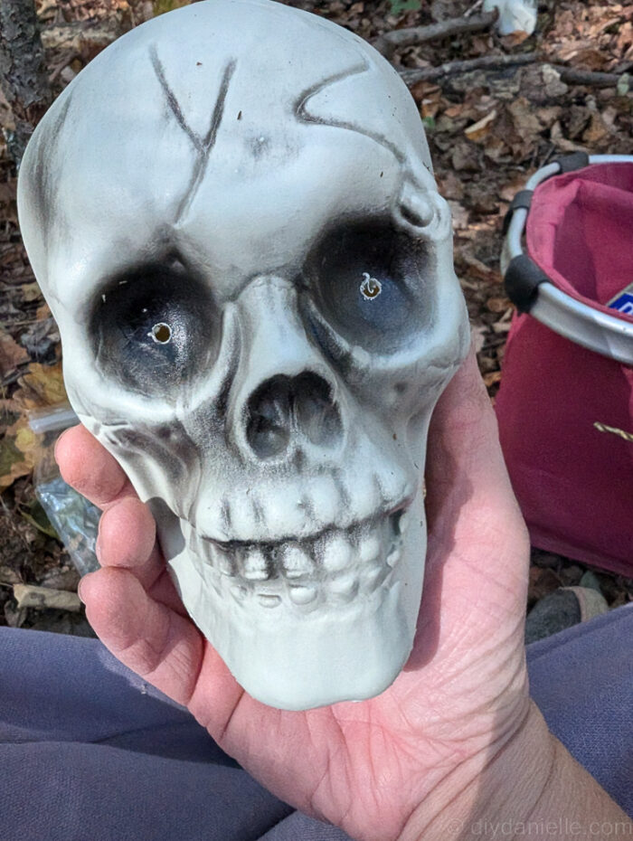 Row of DIY glowing skulls on sticks creating spooky Halloween lighting.