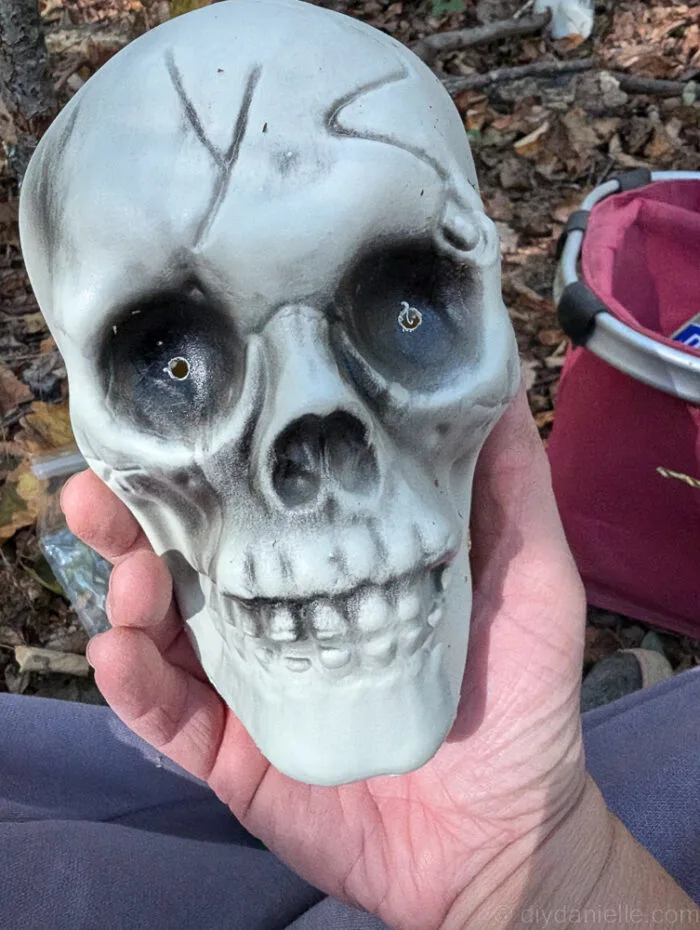 Row of DIY glowing skulls on sticks creating spooky Halloween lighting.