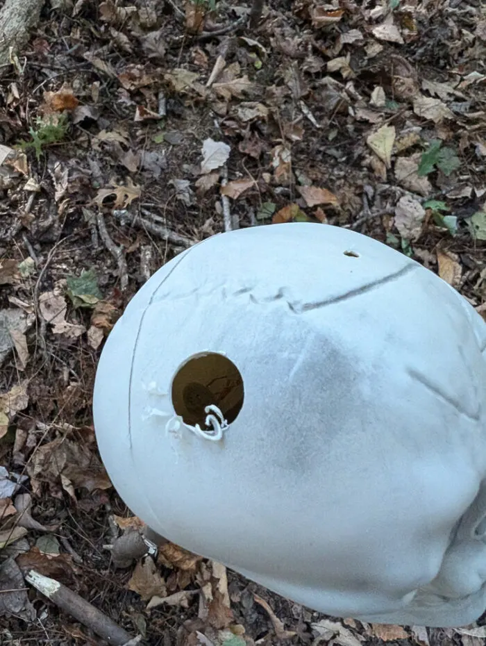 Close-up of drilled hole in the base of a plastic skull for inserting Halloween lights.
