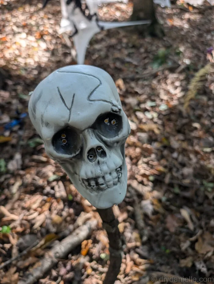 Trail marker made from stick and plastic skull with internal lights.