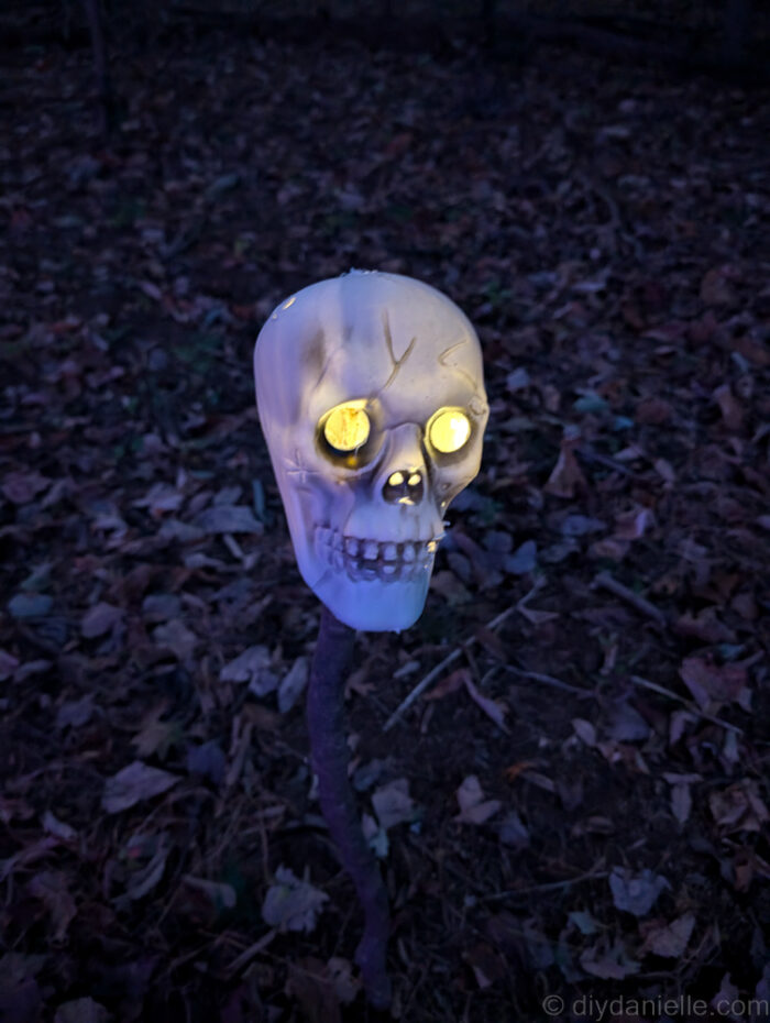 Glowing plastic skull mounted on a stick, lighting up a Halloween trail at night.

Let me know if you'd like variations for different styles (eerie, playful, budget-friendly, etc.)!