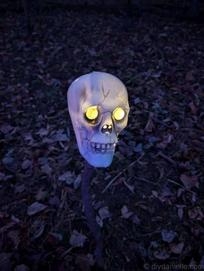Glowing plastic skull mounted on a stick, lighting up a Halloween trail at night.
Let me know if you'd like variations for different styles (eerie, playful, budget-friendly, etc.)!