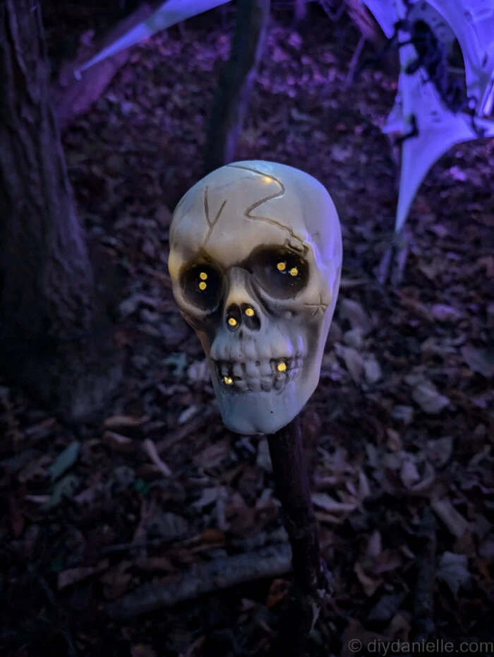 Skull with glowing eyes mounted on a stick lighting up a nighttime Halloween path.