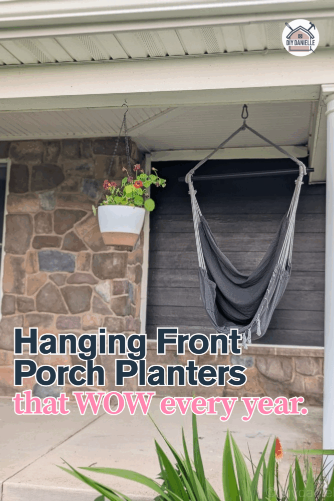 Vibrant DIY hanging planters displayed on a front porch, designed to impress season after season.