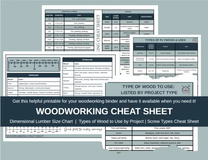 Printable woodworking cheat sheets on a workbench, showing lumber size guides and tool tips—ideal for DIYers and beginners.