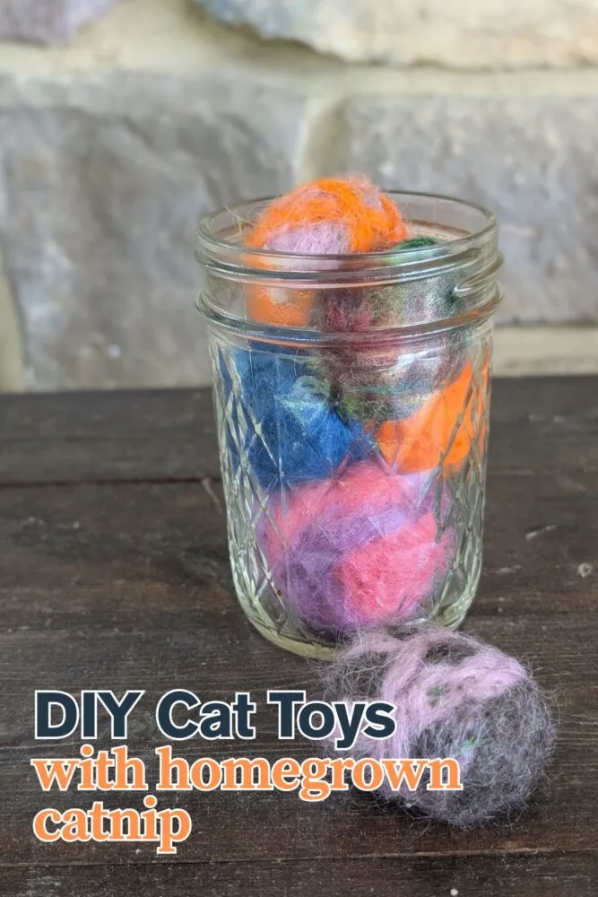 Collage of homemade needle felted catnip toys and storage containers showcasing the full DIY process
