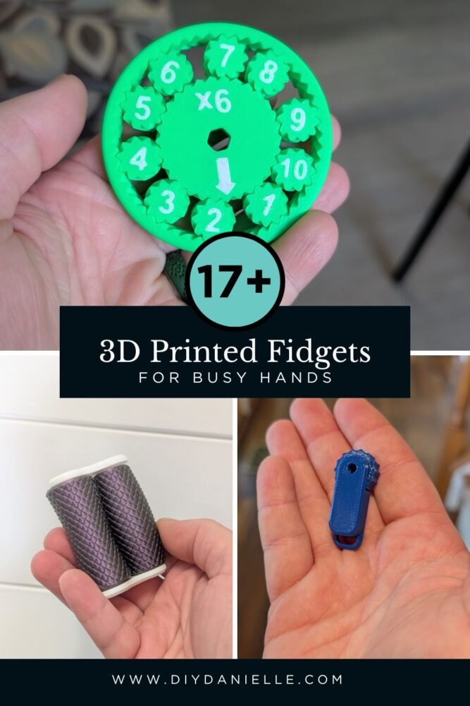 Collage of various 3D printed fidget toys including spinners, flexi toys, and sensory stimulators arranged together