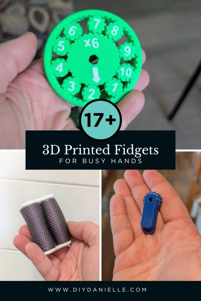 Collage of various 3D printed fidget toys including spinners, flexi toys, and sensory stimulators arranged together