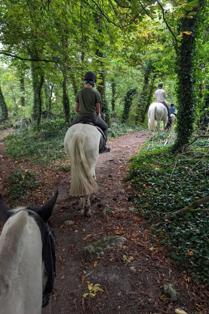 Family horseback riding at Castle Fergus in Ireland with castle ruins and green countryside in the background.