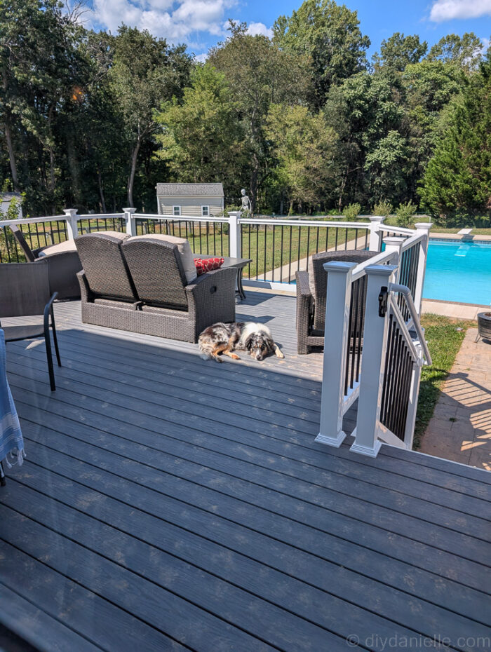 View of the deck behind the furniture showing layout and space.