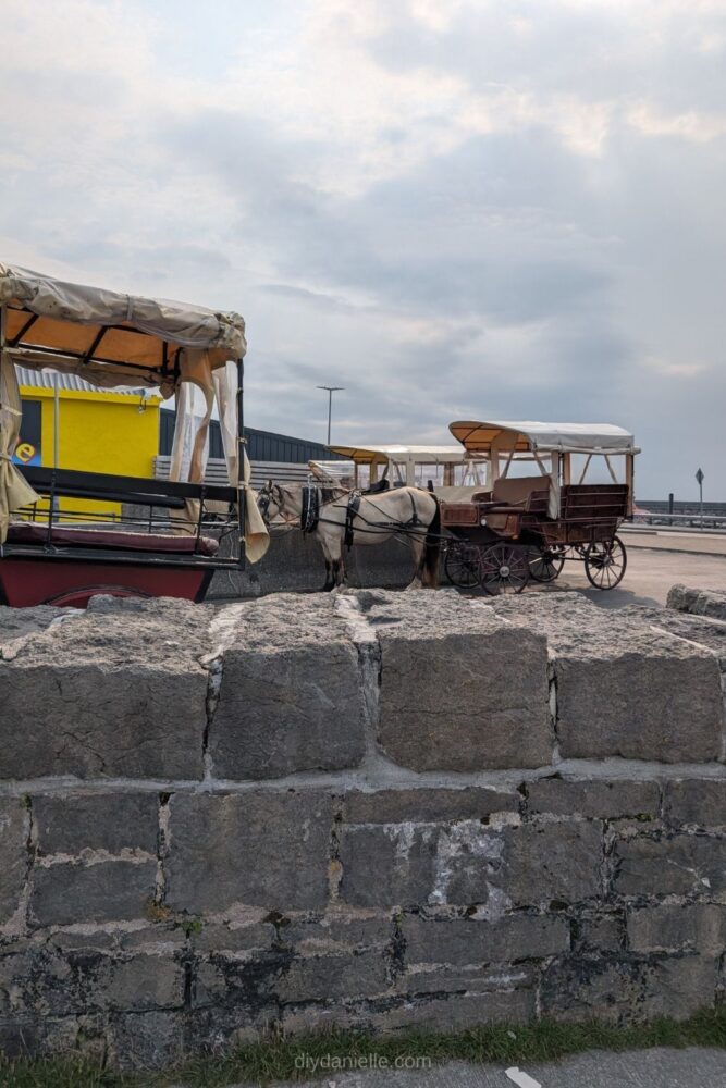 Horse-drawn carriages lined up on Inis Mór, Ireland, waiting to take visitors on scenic island tours from the ferry dock.