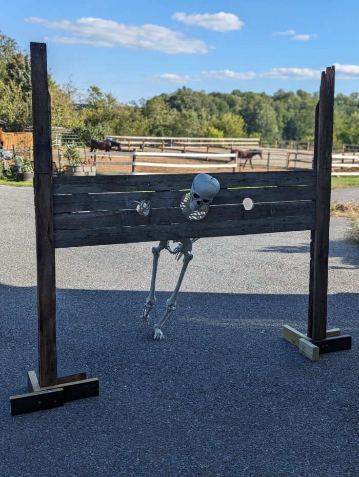 Skeleton secured in an old-fashioned handcuff contraption, creating a spooky prison-themed Halloween display.