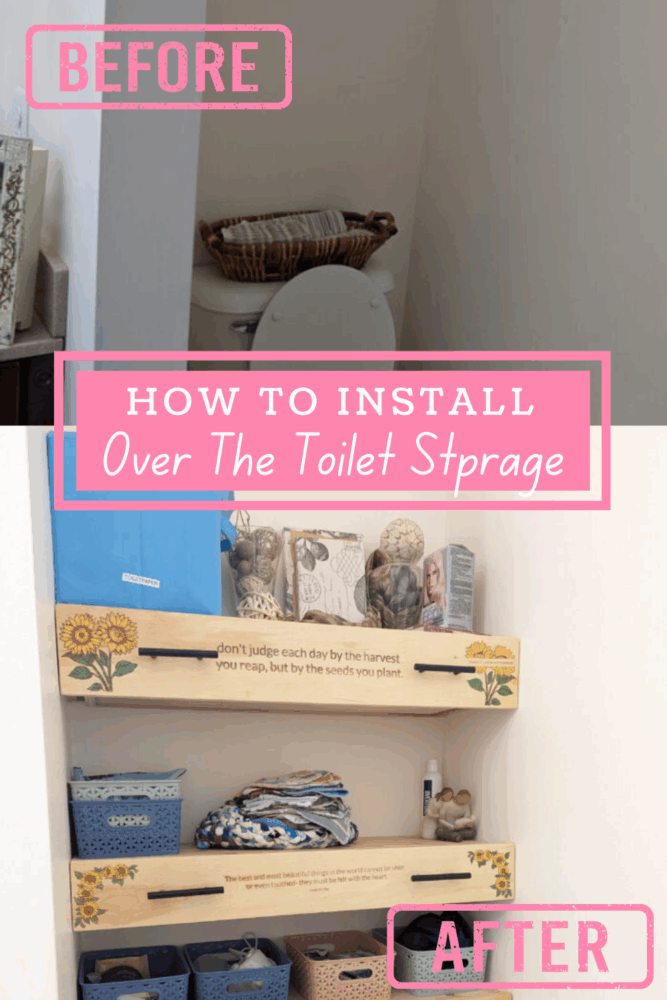 Finished DIY over-the-toilet storage with drawers and dividers, showcasing a stylish and functional bathroom organization solution.