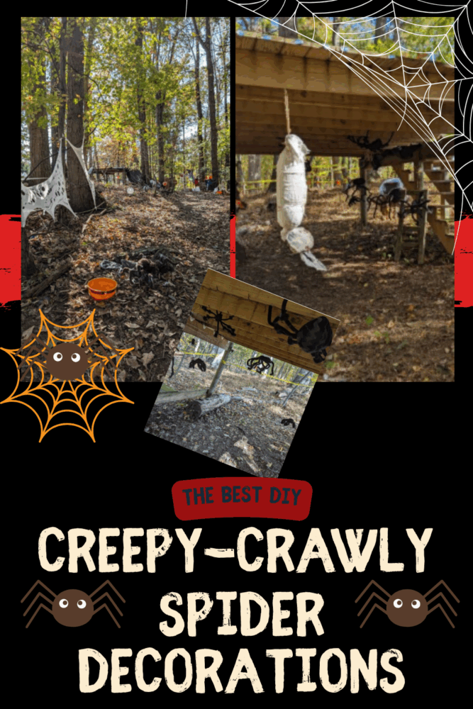 Roundup of DIY spider Halloween decorations including hanging webs, spiders, and jumping spider props for a spooky yard display.