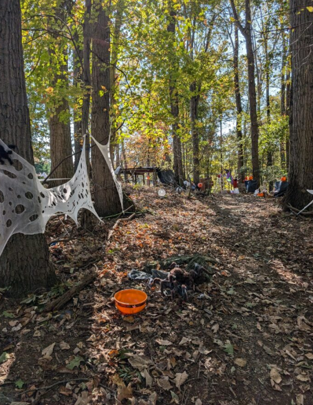 Large black spider Halloween decoration displayed outdoors, creating a creepy and spooky effect for a haunted yard or party.