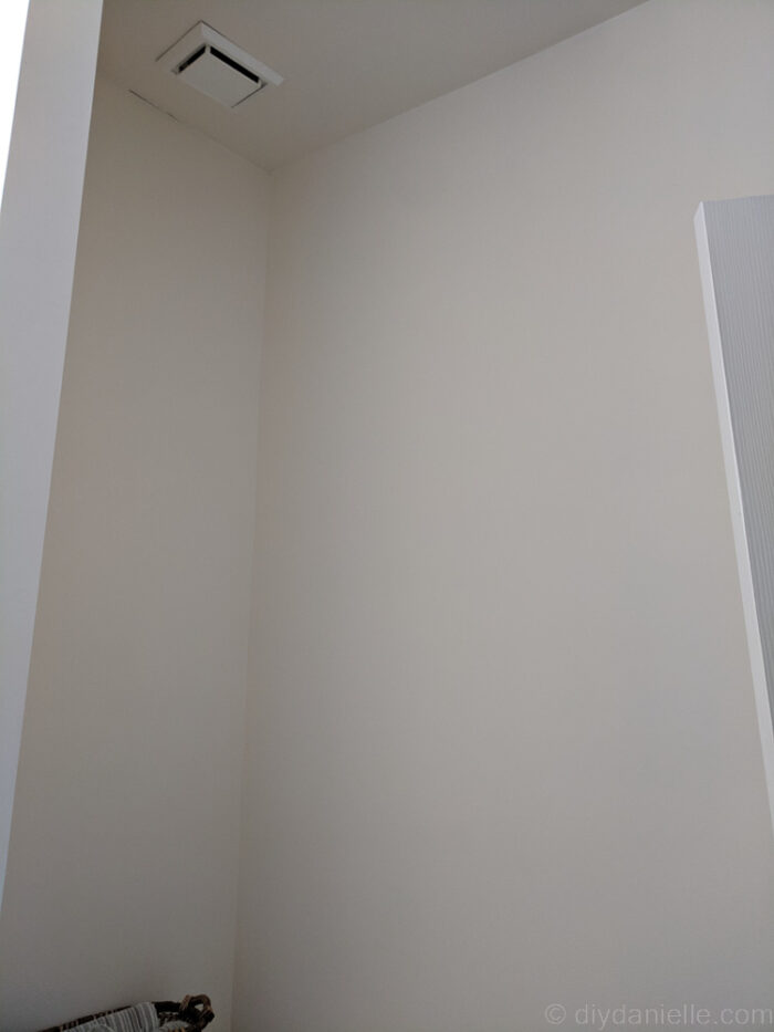 Empty wall above a toilet showing the area ready for a DIY storage project.