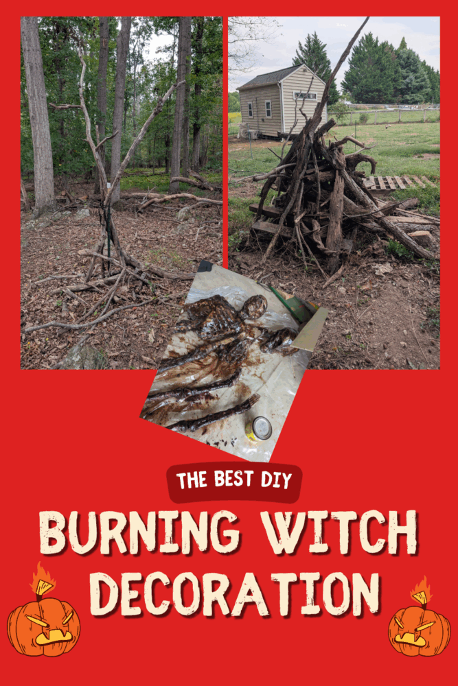 DIY Halloween skeleton pyre prop with a skeleton tied to a faux pyre, lit from below with red and strobe lighting for a fiery effect.