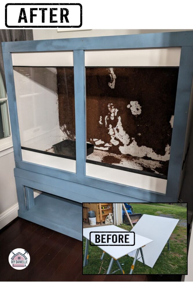 Side-by-side before and after images of a DIY ball python enclosure showing the empty PVC frame versus the completed, decorated habitat with climbing holds, water bowl, sky hide, and hanging planter.