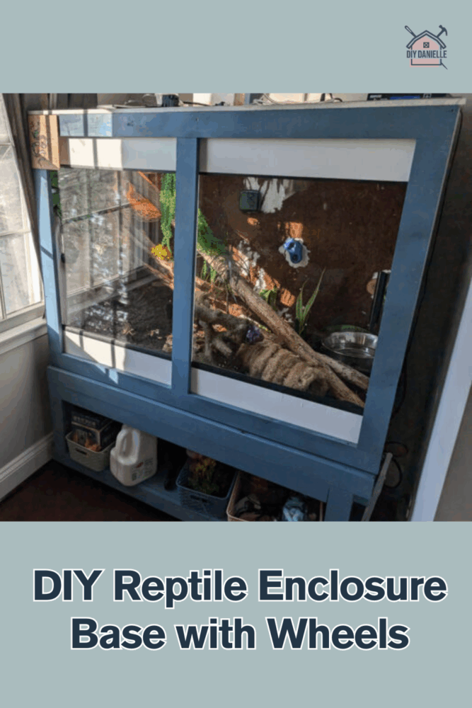 Finished reptile enclosure stand fully assembled, painted, and fitted with casters, ready to hold a heavy reptile tank.