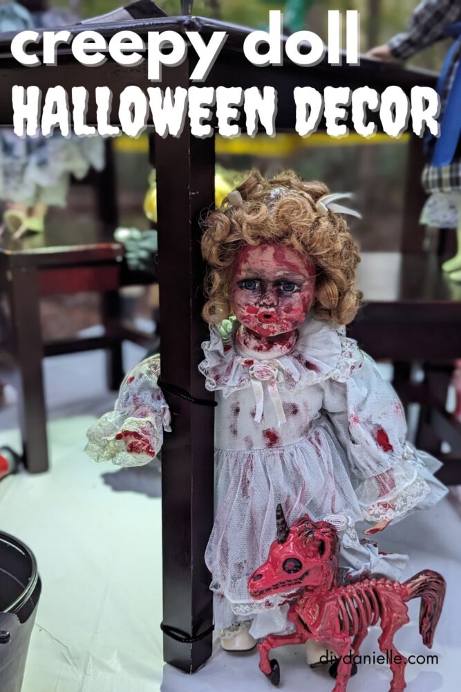 Creepy doll Halloween decoration in a witch-themed or haunted setup, transformed for spooky impact.