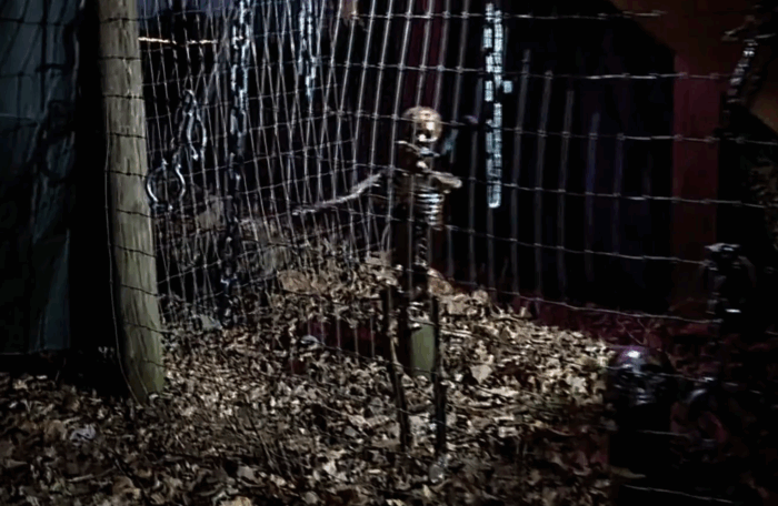 Close-up of DIY hog panel fencing used to create a prison-themed Halloween display.