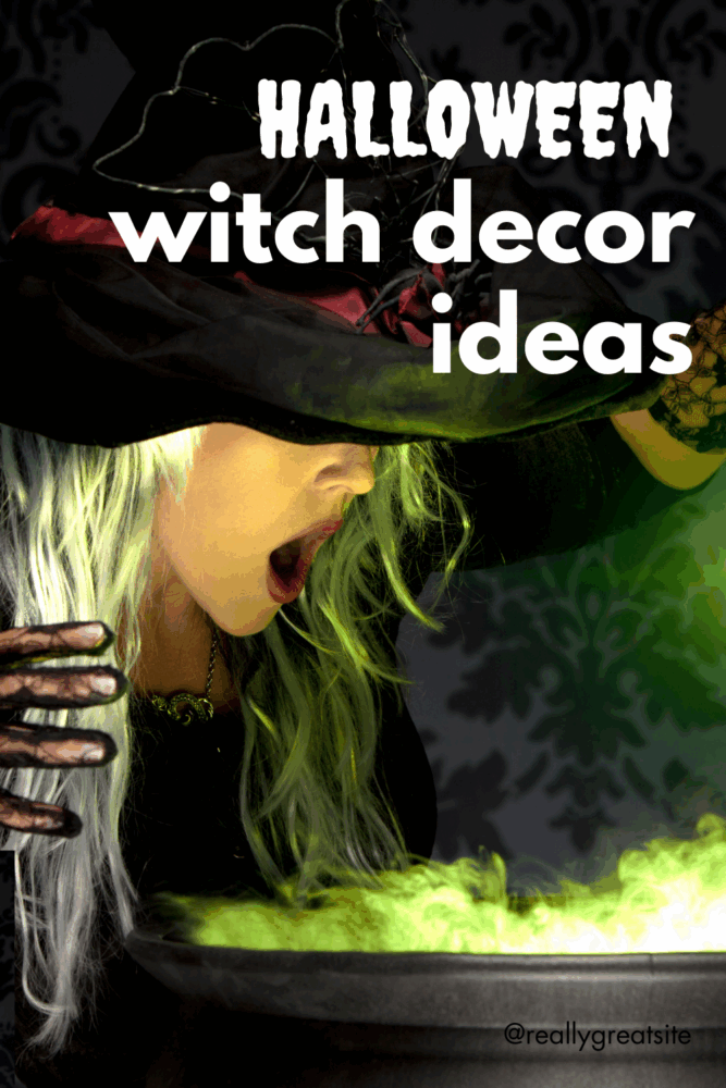 Halloween witch decoration with long white hair, adding a spooky and mystical touch to a witch-themed outdoor display.