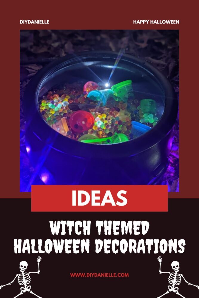 Witch-themed Halloween cauldron filled with colorful water beads and non-food treats for an interactive spooky display.