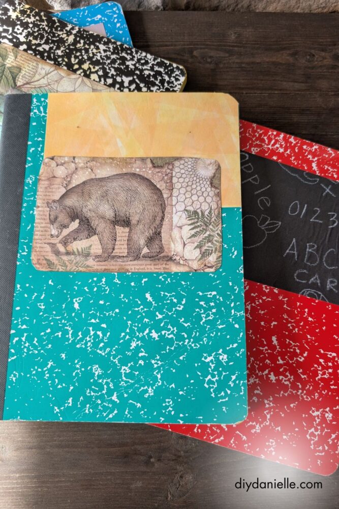 Applying scrapbook paper with mod podge to upcycle old paper-covered notebooks.