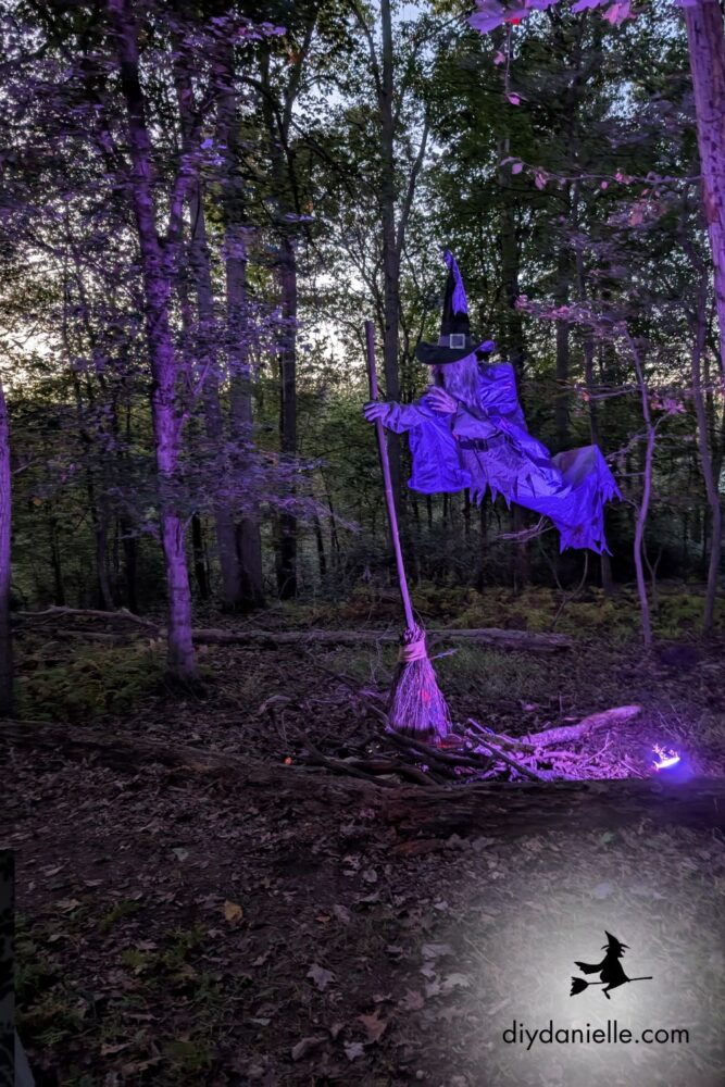 Compilation of photos showing step-by-step assembly of a 12 ft. Hovering Witch Halloween decoration for reference and setup guidance