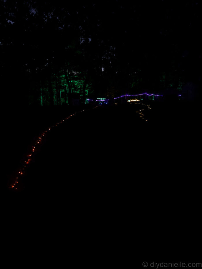 Final nighttime photos of the Halloween trail showing glowing decorations and spooky setups.