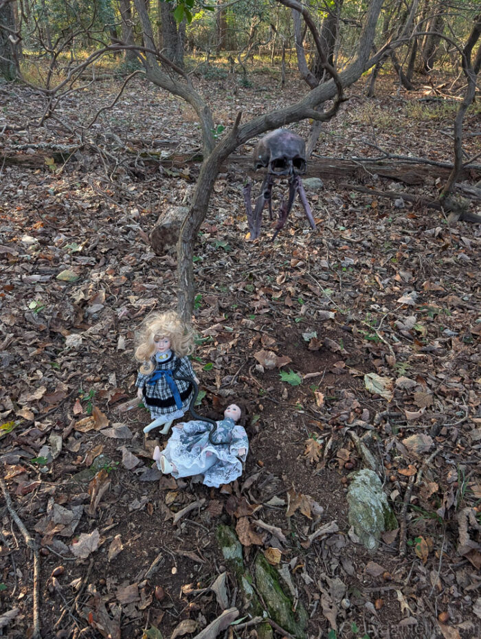Halloween décor featuring a doll posed with a skull for a spooky effect.