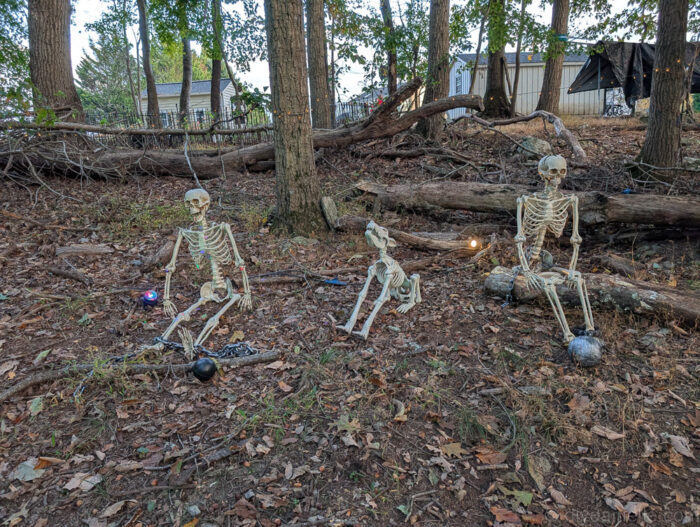 Halloween prisoners figures hanging out on logs with a small dog as part of a spooky display.