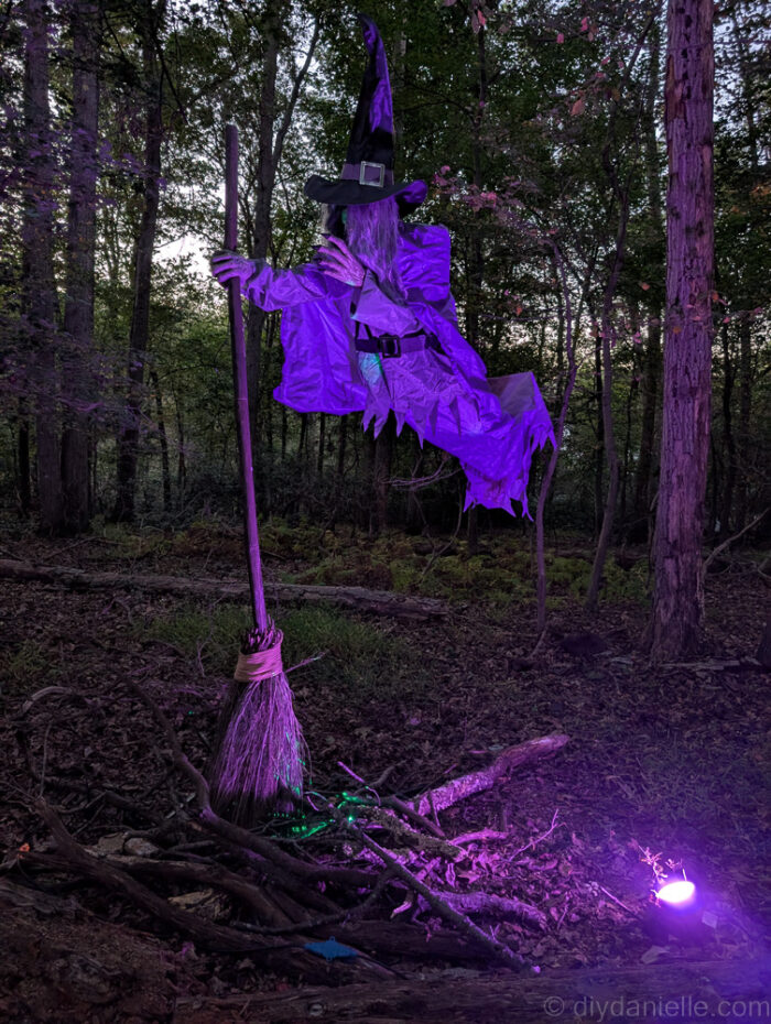 Giant Halloween witch display with bright lighting, featuring upcycled containers labeled as spell ingredients and cleaned chicken bones in a jar.