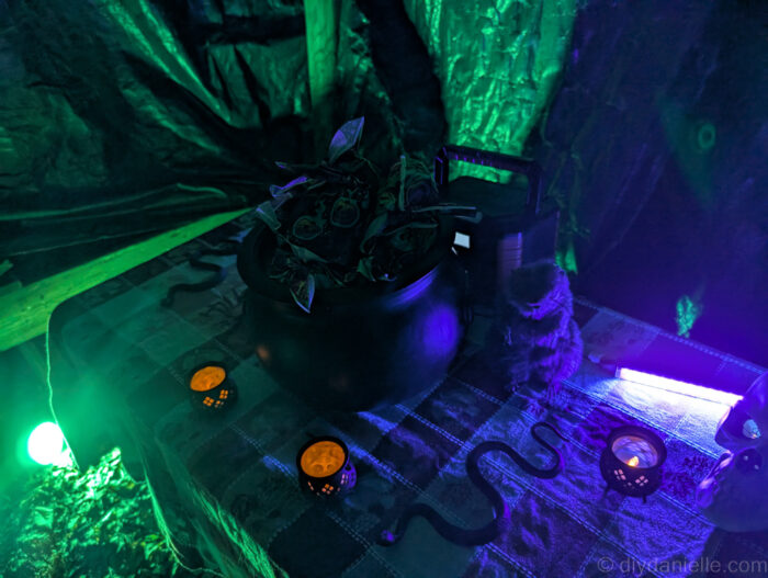 Nighttime view of the completed Halloween trail, featuring glowing lights and creepy décor.