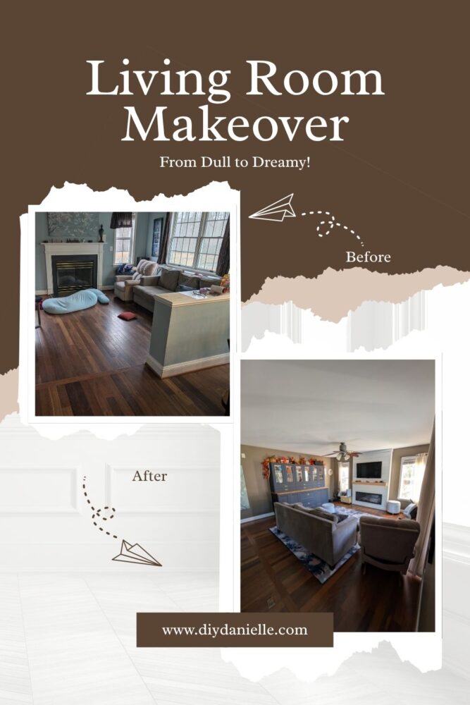 Side-by-side before and after photos of a living room renovation showing flooring, fireplace, and built-in updates