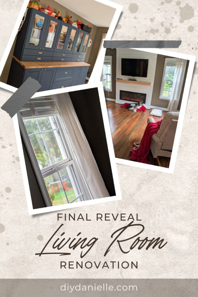 Side-by-side before and after photos of a living room renovation showing flooring, fireplace, and built-in updates